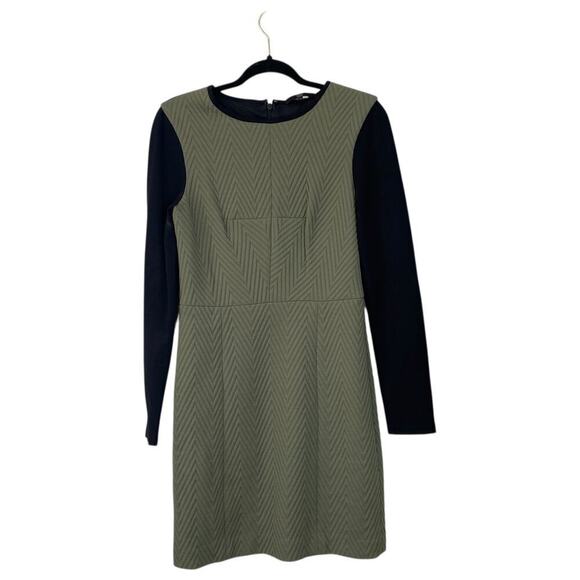 TIBI Quilted Zig Zag Fitted Dress in Olive/Black Multi Sheath Long Sleeve Size 6 - Picture 3 of 8